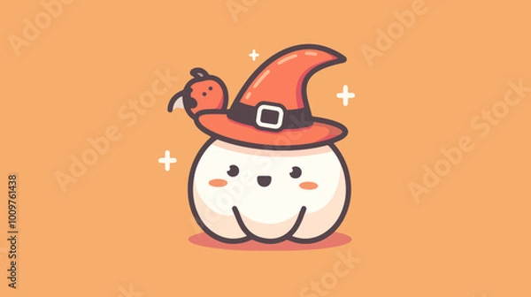 Fototapeta Cute Halloween Ghost with Witch Hat and Bird