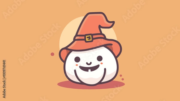 Fototapeta Adorable Halloween Ghost with Witch Hat and Pumpkin