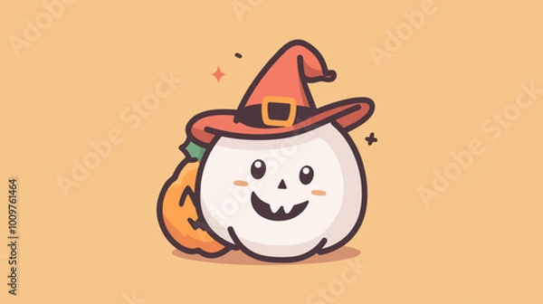 Fototapeta Cute Halloween Ghost with Witch Hat and Pumpkin