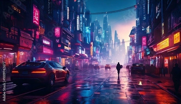 Obraz Cyberpunk city at dusk, neon lights reflecting off wet streets, futuristic vehicles and characters walking through the scene