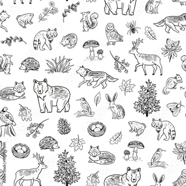 Fototapeta Forest animals woodland vector line seamless pattern.