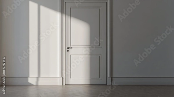 Fototapeta Sunlight streaming through windows in a minimalist room with a white door and wooden floor