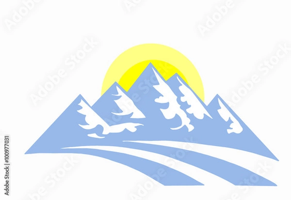 Fototapeta Зимние горы, контурная иллюстрация, спортивная снежная трасса