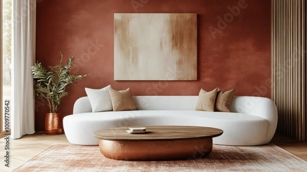 Fototapeta Cozy minimalist living room with modern curved sofa and wooden coffee table in natural light