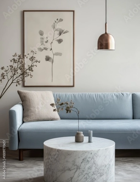 Fototapeta minimalist and light blue sofa in the background, with an abstract botanical poster on the wall