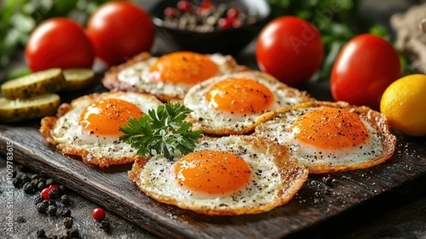 Fototapeta   Wooden cutting board with eggs, bread, tomatoes, and cucumbers on table