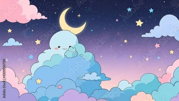 Fototapeta Cute Cartoon Clouds and Stars Night Sky