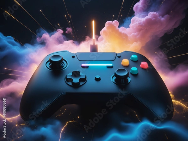 Fototapeta Black gamepad floating on neon clouds gaming setup