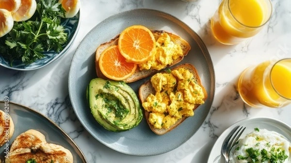 Fototapeta A vibrant breakfast plate featuring eggs, avocado, orange slices, and drinks.