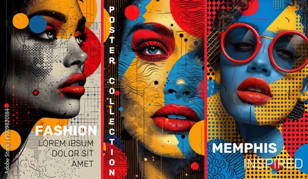 Fototapeta Vibrant Memphis-Inspired Poster Collection of Women with Psychedelic Patterns, Geometric Shapes, and Fashion Elements