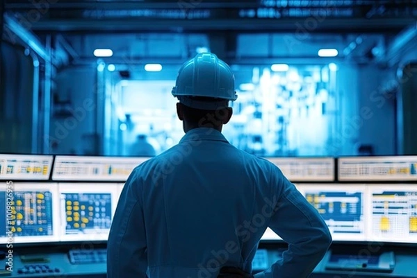 Fototapeta Ingeniero concentrado en una sala de control de una planta nuclear, rodeado de múltiples monitores que muestran datos críticos y gráficos. La imagen resalta la tecnología avanzada, con luces LED y pan