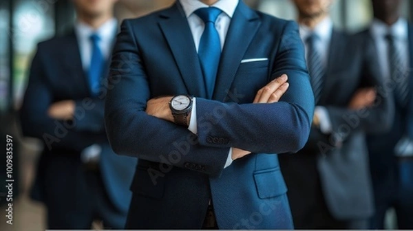 Fototapeta Professional men in suits stand confidently with arms crossed in a modern office setting during a corporate event