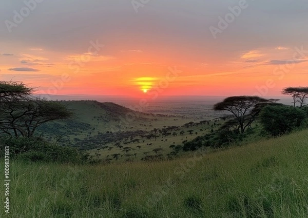 Fototapeta Captivating Serengeti Sunset Over Expansive Grasslands and Acacia Trees: A Breathtaking African Safari Landscape
