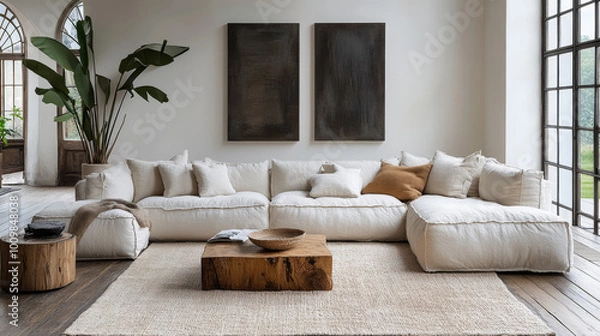 Fototapeta A modern living room with a large sectional sofa, a wooden coffee table, and a leafy plant.