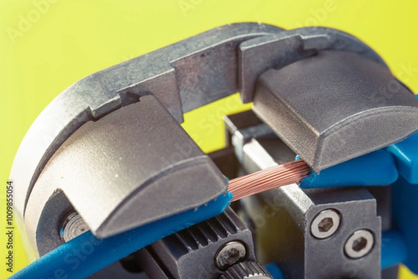 Fototapeta Close-up of a wire stripper tool cutting a blue wire with exposed copper. Macro shot of electrical equipment.