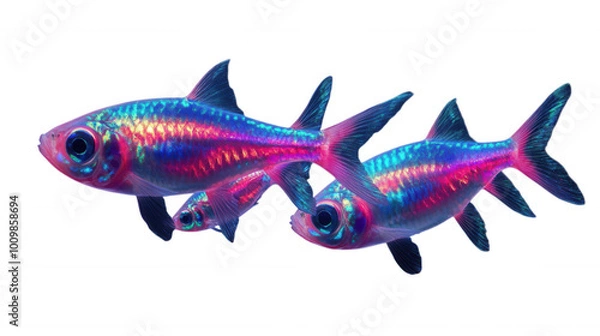 Obraz Colorful Neon Fishes isolated on Transparent Background PNG