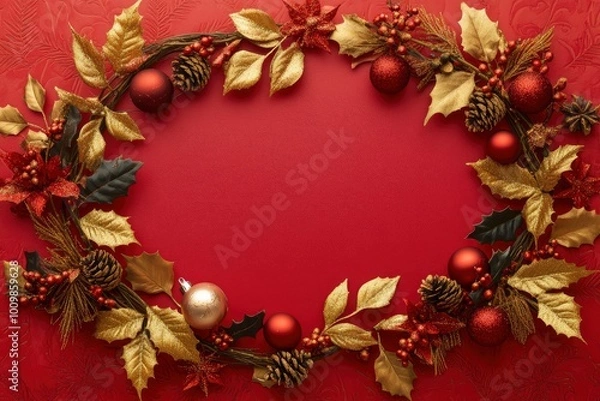 Fototapeta Christmas background with decorations and wide arch shaped leaf frame on red background.  with generative ai