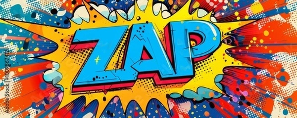 Fototapeta Colorful pop art background with "ZAP" inside. Comic book elements, Dynamic visuals, Bright vector