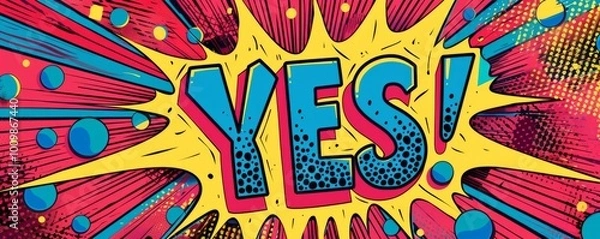 Fototapeta Fun pop art background with "YES!" text. Comic book style, Bold graphics, Bright vector
