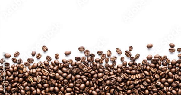 Fototapeta Flat lay of coffee beans on a white background, a simple minimalist design. High resolution, no text or logo, high detail, no shadows, no blur, sharp focus, no gradients, white background