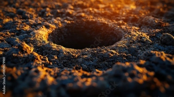 Fototapeta Hole in ground isolated. Deep earth nature land surface texture, dig, pit, burrow, soil