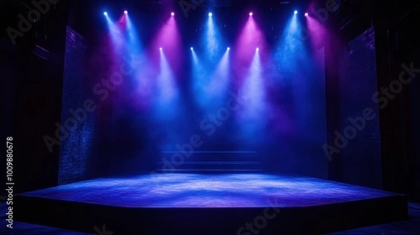 Obraz Blue and purple spotlights are illuminating an empty stage, casting a hazy glow and creating anticipation for the performance to follow