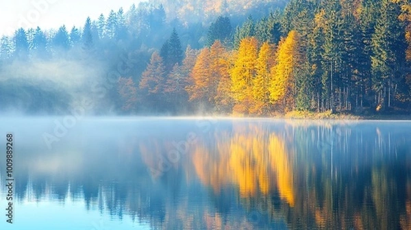 Fototapeta   A water body encircled by trees, shrouded in mist inside, set against a backdrop of woods