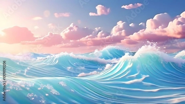 Fototapeta Ocean Waves with Pink Clouds and Sunset