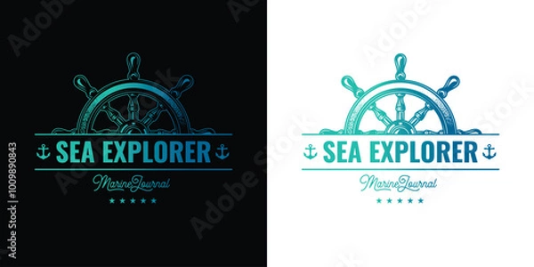 Fototapeta Original vector emblem of a ship steering wheel in vintage style.