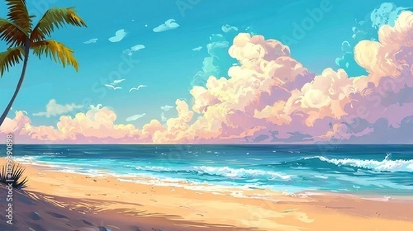 Fototapeta  A painting featuring a palm tree in the foreground against a backdrop of a blue sky with cloud-filled skies