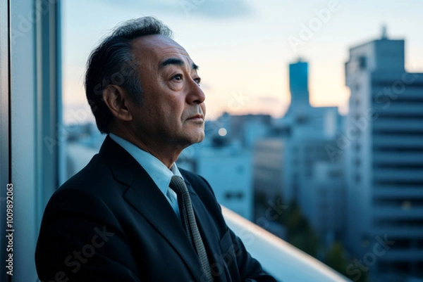 Fototapeta A middle-aged Japanese man in semi-formal clothing, standing on a balcony, looking out at the city skyline with a reflective demeanor, contemplating his career path.