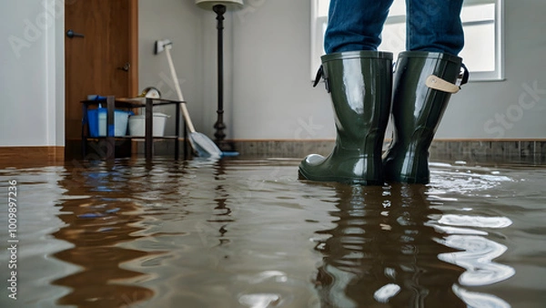 Fototapeta Who wore rubber boots in a flooded bedroom: the concept of house flooding and flood damage generative ai