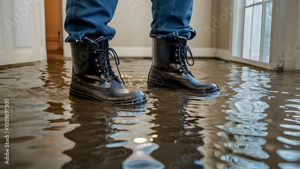 Fototapeta Who wore rubber boots in a flooded bedroom: the concept of house flooding and flood damage generative ai