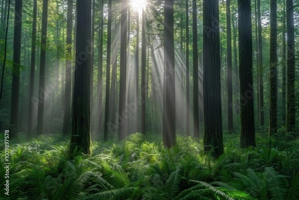 Fototapeta Sunlight filters through tall trees in a lush green forest, creating a serene atmosphere.