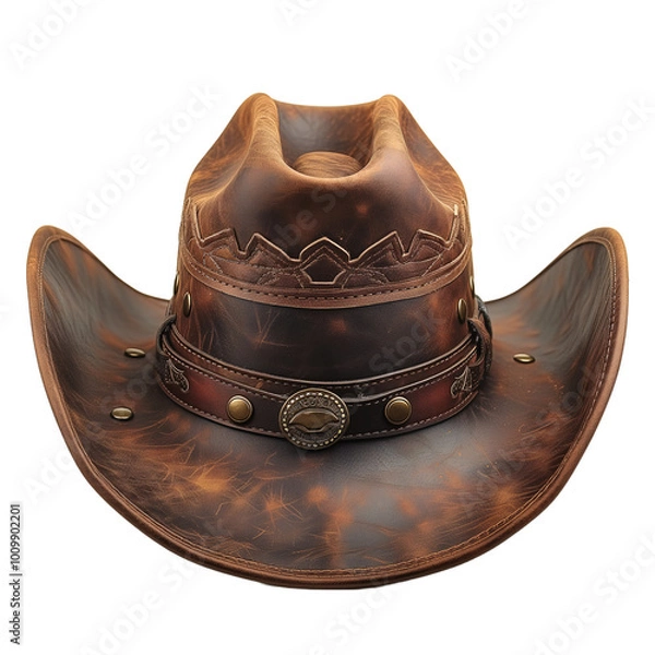 Fototapeta Vintage Brown Leather Cowboy Hat with Western Embellishments