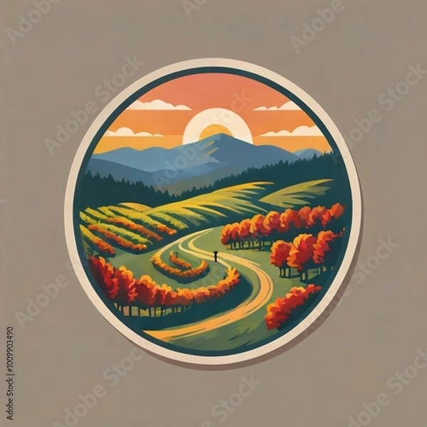 Fototapeta Scenic view of rolling hills and colorful trees at sunset overlooking distant mountains