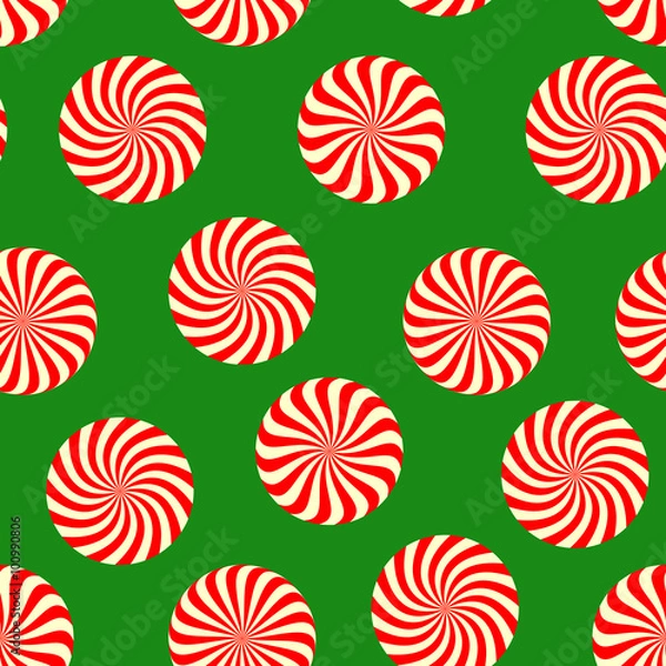 Fototapeta Peppermint candy seamless pattern on green background. Concept for Christmas holiday wrapping paper with mint color sweets. Vector illustration