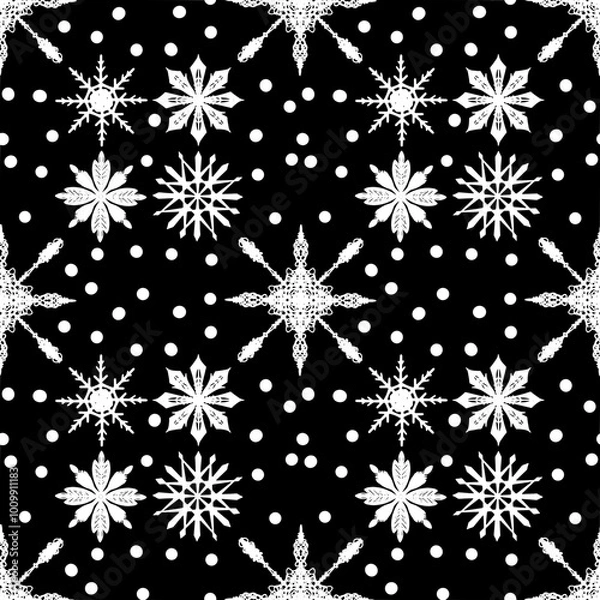 Obraz Seamless snowflakes pattern on black background .