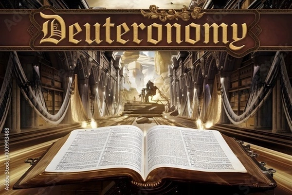 Fototapeta An epic cinematic presentation of the Bible with the name Deuteronomy written in gold above it.