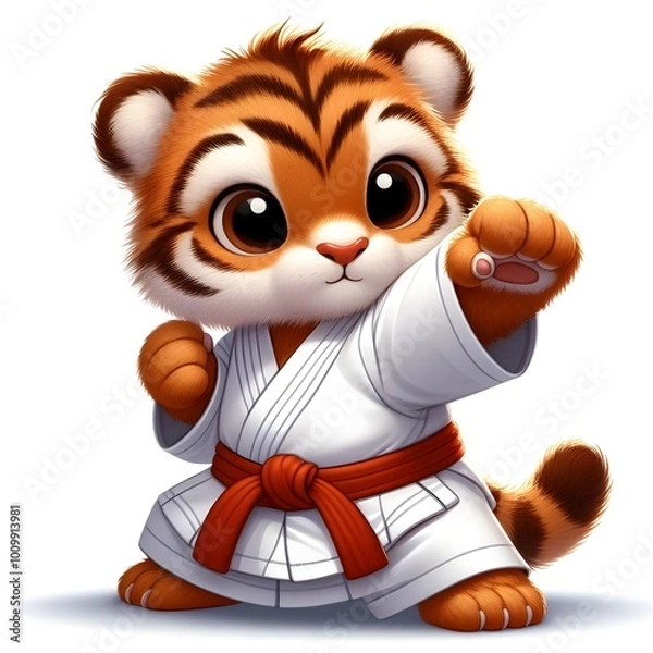 Fototapeta A cute cartoon tiger cub dressed in a martial arts uniform, practicing karate with focus and precision. isolated, white background 