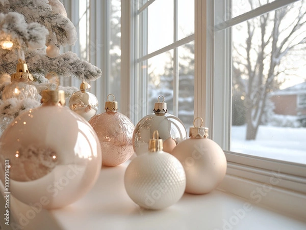 Fototapeta A softly lit Christmas tree adorned with pastel-colored ornaments, twinkling fairy lights, and delicate tinsel, with a snow-covered window and soft curtains in the background.