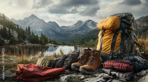 Obraz A scenic mountain landscape with a serene alpine lake surrounded by lush forests, featuring hiking gear including backpacks and boots on a rocky shore.
