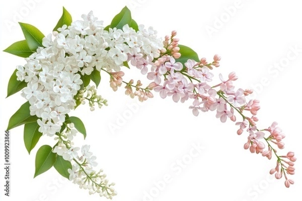 Fototapeta Delicate floral corner arrangement. Blooming white lilac, pink acacia, Lilac flowers and green leaves isolated on a white. Design element for creating postcards, with generative ai