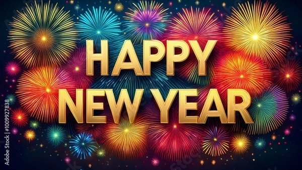 Fototapeta Happy new year text on colorful fireworks background. holiday season card template
