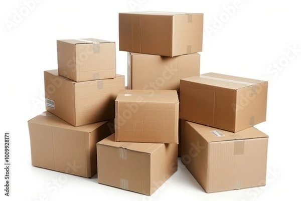 Fototapeta Stacked moving boxes cardboard carton white background.