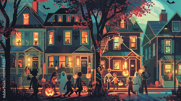 Fototapeta A digital illustration of a group of children in Halloween costumes trick-or-treating in a colorful suburban neighborhood