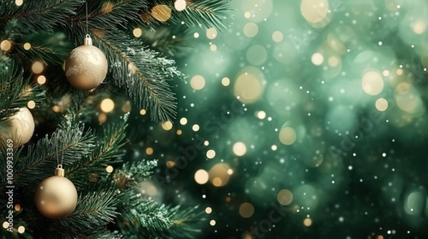 Fototapeta A Christmas tree with a gold ornament hanging from it