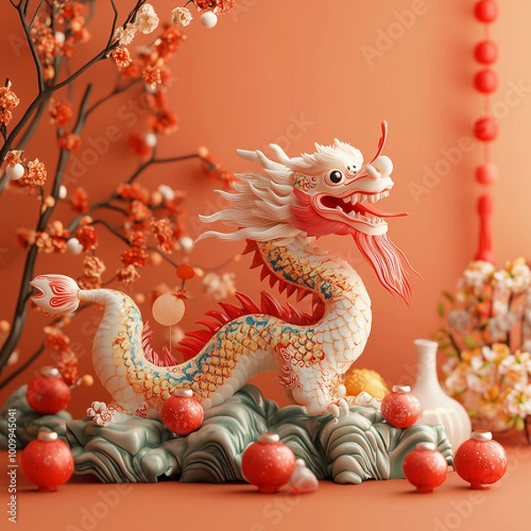 Fototapeta A dragon statue is sitting on a table with red and orange decorations. The dragon is surrounded by many red and orange balls, and there is a vase nearby. Scene is festive and celebratory