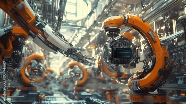 Obraz In a sleek, modern factory, AI-enhanced robots work collaboratively to assemble products with precision, highlighting innovation in manufacturing practices