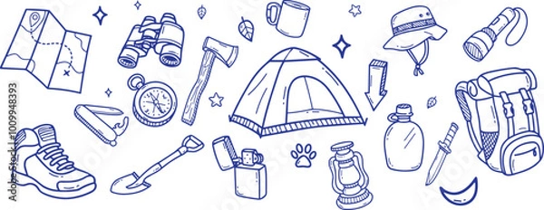 Fototapeta Hand drawn camping and hiking elements, isolated on white background. Cute background full of icons